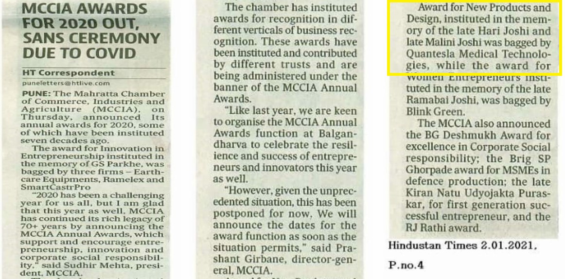 Hindustan Times newspaper mentioning award to Celtron and Dr Mandar Dharmadhikari by MCCIA, Pune