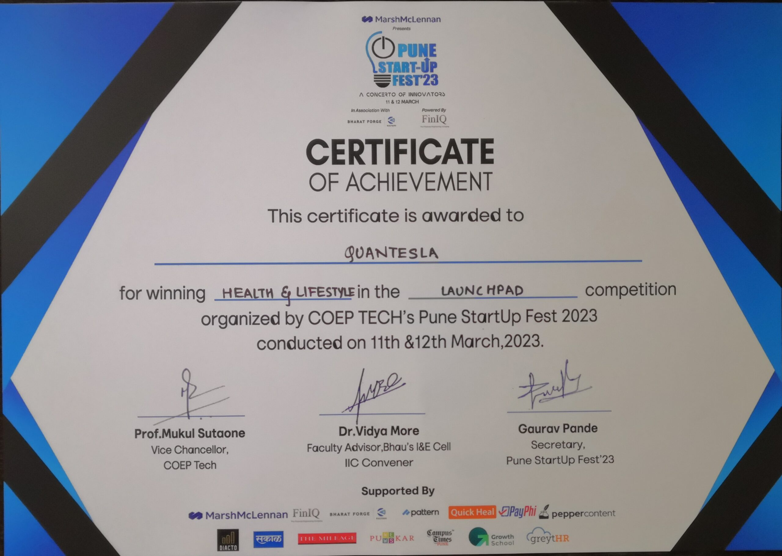 Quantesla's award certificate from COEP Pune StartUp Fest 2023 for winning a healthcare innovation challenge